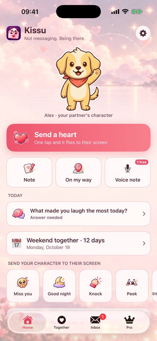 Kissu home screen with your partner's character and a Send a heart button